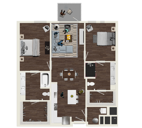 Floor plan for 2 beds, 2 baths, 1283 sqft